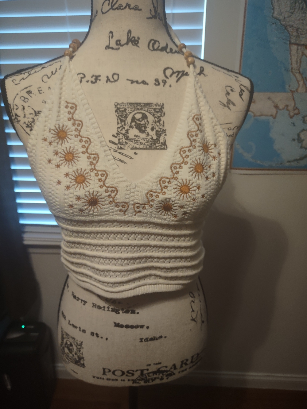 SHEIN White Crochet Halter Crop Top with Gold Sun Embroidery